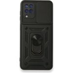 Gpack Samsung Galaxy M12 Tank Aramid Sürgülü Vega Yüzüklü Siyah Kılıf