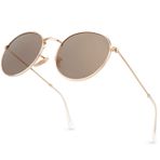 GQUEEN Retro Yuvarlak Daire Güneş Gözlüğü Polarize Erkek Kadın Vintage Oval Metal Çerçeve UV400, MFF7, Altın Çerçeve/Kahverengi Lens, M