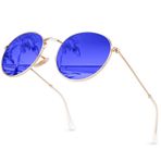 GQUEEN Retro Yuvarlak Daire Güneş Gözlüğü Polarize Erkek Kadın Vintage Oval Metal Çerçeve UV400, MFF7, Altın Çerçeve/Mavi Lens, M