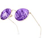 GQUEEN Retro Yuvarlak Daire Güneş Gözlüğü Polarize Erkek Kadın Vintage Oval Metal Çerçeve UV400, MFF7, Altın Çerçeve/Mor Lens, M