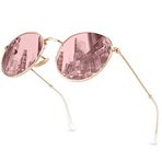 GQUEEN Retro Yuvarlak Daire Güneş Gözlüğü Polarize Erkek Kadın Vintage Oval Metal Çerçeve UV400, MFF7, Altın Çerçeve/Pembe Lens, M