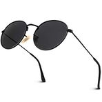 GQUEEN Retro Yuvarlak Daire Güneş Gözlüğü Polarize Erkek Kadın Vintage Oval Metal Çerçeve UV400, MFF7, Siyah Çerçeve/Gri Lens, M