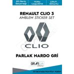Graficar Design Renault Clio ile Uyumlu 3 Amblem Kaplama Sticker Set, Mat Karbon Gri