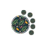 GRAFİLLİ DESİGN 30 Cm Yuvarlak Çiçek Baskılı Örgü Ahşap Tepsi Tabanı Plakası, 5 Adet 10 Cm Baskılı Bardak Altı 016