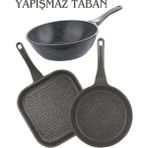 Granit Wok Tava + 2'li Frapan Kare Tava Seti (28 cm Grill, 26CM )- Gri