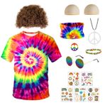 Grantop Hippie Kostüm Erkek ve Kadın Seti, Hippi Kostüm Seti, 60'lı yılların 70'li yılların kıyafeti, hippi kostümü, erkek, kadın, hippi tişörtü, peruk, gözlük, barış, kolye, alın bandı, faşing, karnaval,