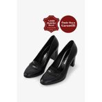 Grasyano Hakiki Deri 1. Sınıf Kalite Siyah Sade Comfort Kırılmaz 7,5 Cm Kalın Topuklu Klasik Ayakkabı