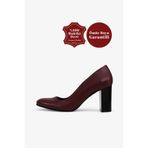 Grasyano Hakiki Deri Bordo Premium Yumuşak Deri Sade Düz Model Comfort Klasik 7,5 Cm Kalın Topuklu Ayakkabı