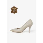 Grasyano Hakiki Deri Stiletto Krem Bej Ekru Sivri Burun Yumuşak Deri Sade Klasik Konforlu 7,5 Cm Ince Topuklu