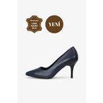 Grasyano Hakiki Deri Stiletto Lacivert Sivri Burun Yumuşak Deriden Sade Konforlu 7,5 Cm Ince Topuklu Stiletto