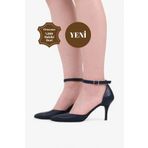 Grasyano Hakiki Deri Stiletto Sandalet Lacivert Bilekten Bağlama Sivri Burun Yumuşak Deri 7,5 Cm Yazlık