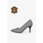 Grasyano Hakiki Deri Stiletto Taş Gri Sivri Burun Yumuşak Deriden Sade Konforlu 7,5 Cm Ince Topuklu Stiletto