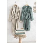 Green Black Anisa Yeşil/Bej "M-L" %100 Pamuk Air Twist 10 Parça Aile Bornoz Seti