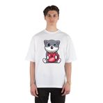 GreenMint Cute Cat Hug Me Right Meow Unisex Beyaz Oversize T-shirt