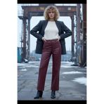 Grenj Fashion Bordo Relaxed Boru Paça Dikiş Detaylı Deri Pantolon