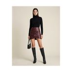Grenj Fashion Bordo Suni Deri Drapeli Yüksek Bel Vücuda Oturan Örme Şardonlu Mini Etek