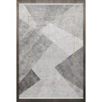 Gri Çerçeve Modern Geometrik Etnik Eskitme Desenli Boho Makinada Yıkanabilir Hafif Hav Toz Vermez Leke Tutmaz Kaymaz Taban Dijital Makine Baskı Halı Oturma Odası Salon Yolluk Koridor Mutfak Halısı