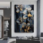Gri Çiçekler Kanvas Tablosu, Çiçek Duvar Dekoru, Altın Desenli Lüks Duvar Tablosu - 80 x 120 - Çok Renkli