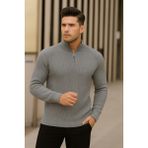Gri Erkek Oversize Fermuarlı Balıkçı Triko Kazak - XL