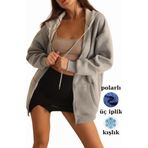 Gri Fermuarlı Kışlık Oversize Sweat Hırka