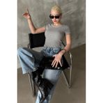 Gri Geniş Yaka Fittili Basic Kadın T-shirt Mg2293