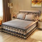 Gri Kadife Yatak Eteği & Valance Seti, 150x220CM, Altın Nakış, Çift Kişilik Yatak için Fırfırlı Pileli Yatak Örtüsü, Pamuklu Taban Valansı, Zarif Yatak Dekoru