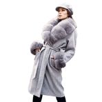 Gri Kaşe Kadın Kaban Yaka ve Manşet Gri Tilki Kürkü (Kürkler Çıkarılabilir) 3XL