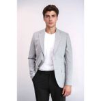 Gri Keten Dokulu Gold Renk Metal Düğmeli Slim Fit Erkek Blazer Ceket - Wessi - 6 Drop - 56 - Açık Gri - Gri