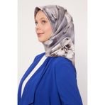 Gri Lotus Çiçek Twill İpek Eşarp