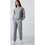 Gri Melanj Basic Pamuklu O Yaka Oversize Lastik Paça Kadın Eşofman Takım - 95287