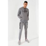 Gri Melanj Erkek Kanguru Cep Standart Kalıp Kapüşonlu Sweatshirt-87883