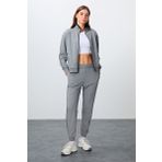 Gri Melanj Kompakt Pamuklu Kalın Pürüzsüz Dokulu Dik Yaka Oversize Fit Kadın Eşofman Takım - 95340