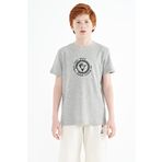Gri Melanj Nakış İşleme Detaylı O Yaka Standart Kalıp Erkek Çocuk T-Shirt - 11115