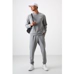 Gri Melanj Pamuklu Kalın Yumuşak Dokulu Comfort Fit Nakışlı Erkek Eşofman Takım - 85254