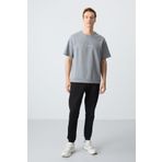 Gri Melanj Siyah Pamuklu Kalın Yumuşak Dokulu Oversize Fit Basic Erkek Eşofman Takım - 85261