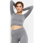 Gri Melanj Uzun Kollu Dar Kalıp O Yaka Kadın Crop Top T-Shirt - 97150