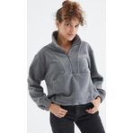 Gri Melanj Yarım Fermuar Etek Ucu Büzgülü Kadın Polar Oversize Sweatshirt - 97171