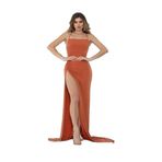 Gri Night Askılı, Likralı, Sırt Dekolteli, Yırtmaçlı Uzun Elbise - NERGİS- (XL, TURUNCU)