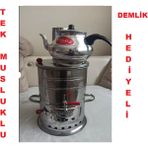 Gri Odun Görünümlü Semaver ve Demlik Takımı, 3,5 Litre, Şık ve Kullanışlı Set - Altın - Gri