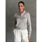 Gri Polo Yaka Mini Topçuklu Bluz