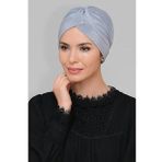 Gri Pratik Hazır Geçmeli Tesettür Bone Fukuro Piliseli Tek Çapraz Büzgülü 1824_15
