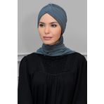 Gri Pratik Hazır Geçmeli Tesettür Bone Sandy Kumaş Taçlı Büzgülü Şifon Atkılı 1208A_15