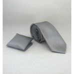 Gri Slim Fit (ince) Düz Renk Mendilli Saten Kravat - SS-04