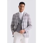 Gri Slim Fit Mono Yaka Kareli Kombinli Yelekli Takım Elbise