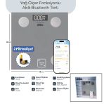 Gri Yağ Ölçer Akıllı Bluetooth Cam Baskül Pilli 180Kg/50Gr 28X28cm 8-Kişi Hafıza Lcd Ekran ℃ Gösterge Sbs-4469 (5365)