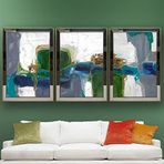 Gri Yeşil Yağlı Boya Temalı Aynalı Çerçeveli 3 lü Kanvas Tablo Seti 150x70 cm SETS0230