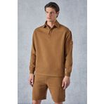 GRIMELANGE Aatrox Erkek Polo Yakalı Patlı Düğmeli Uzun Kol Regular Fit Nakış Detaylı Koyu Kahverengi Sweatshirt