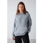 Grimelange Adel Kadın Organik Pamuklu İçi Polarlı Yumuşacık Relaxed Kanguru Cepli Kapüşonlu Mavi Sweatshirt, S