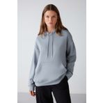 GRIMELANGE Adel Kadın Organik Pamuklu Içi Polarlı Yumuşacık Relaxed Kanguru Cepli Kapüşonlu Mavi Sweatshirt