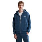 Grimelange Aksel Erkek Yumuşacık Organik Pamuk Oversize Fermuarlı Baskılı Kapüşonlu Mavi Sweatshirt, S